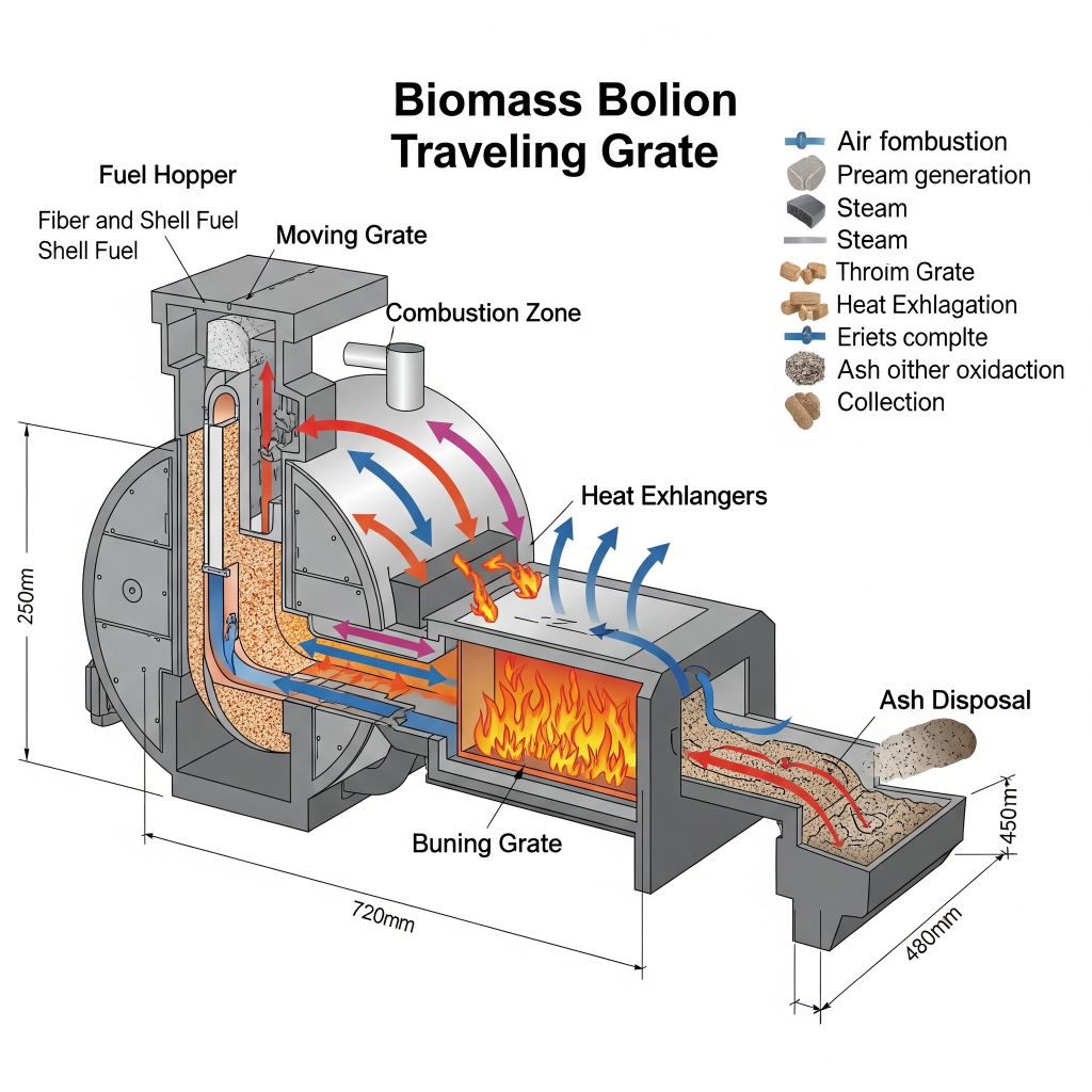 Diagram skematik dari sebuah boiler biomassa dengan sistem travelling grate.