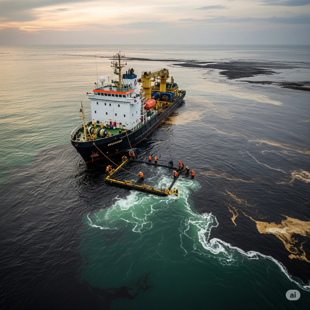 gambar tumpahan minyak di laut dengan kapal pembersih yang sedang beraksi