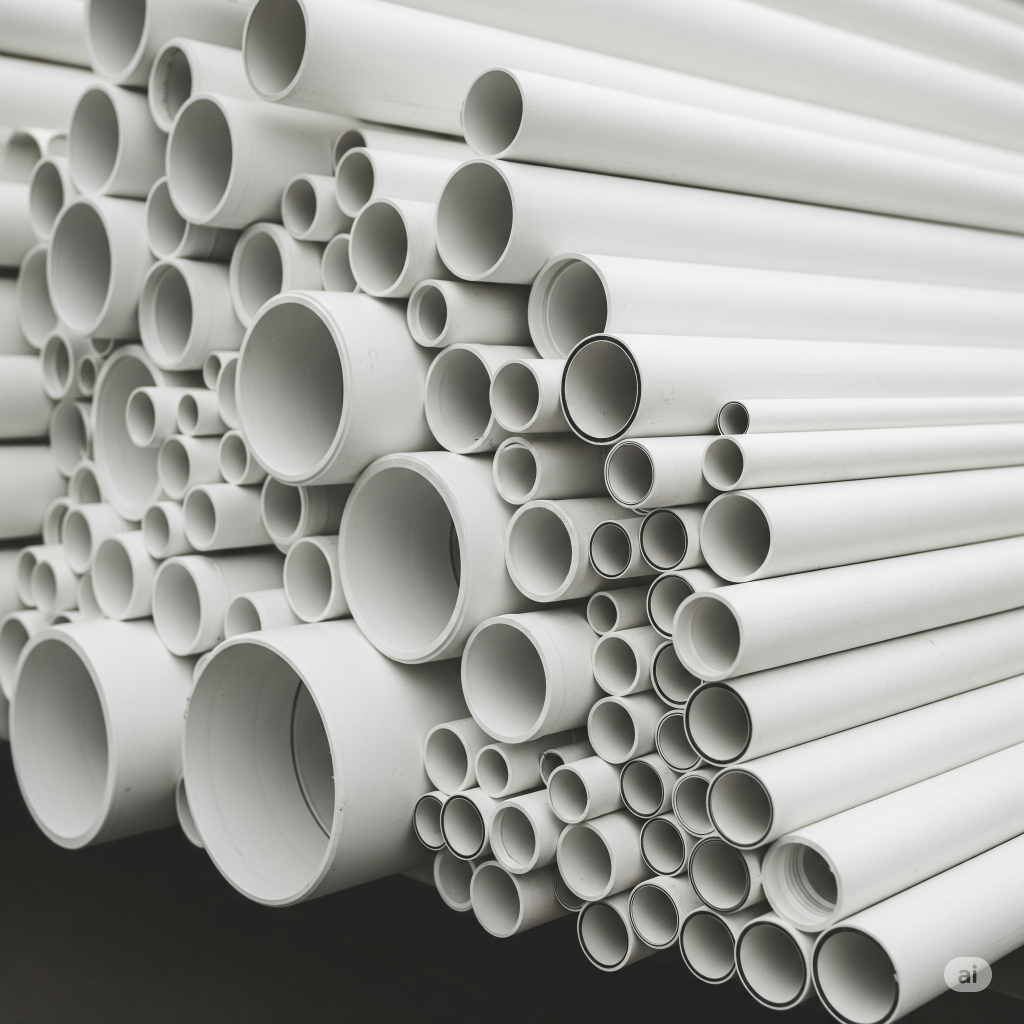 Tumpukan pipa PVC berwarna putih dalam berbagai diameter