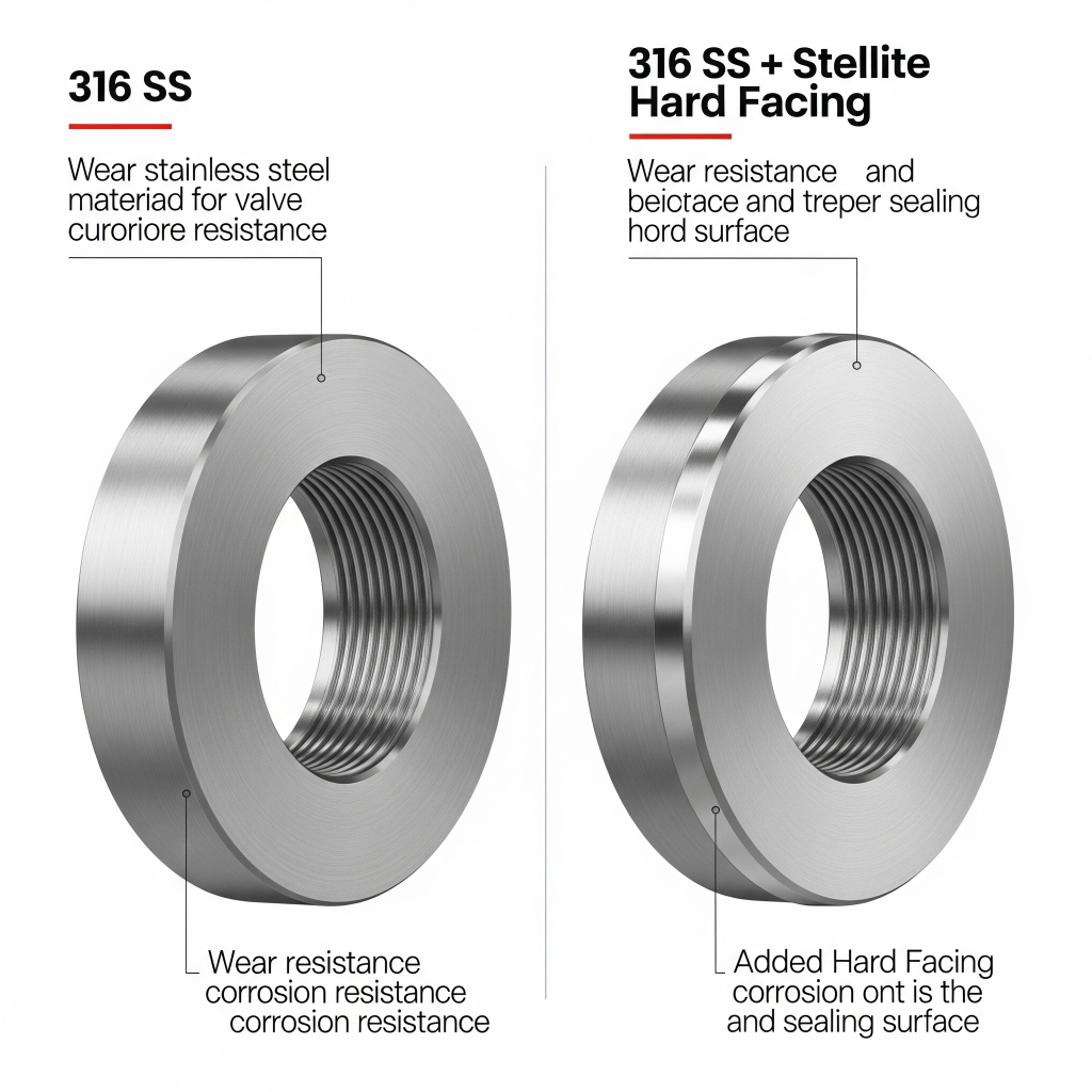 perbedaan dua disc valve. Satu berlabel "316 SS" dan terlihat standar. Satu lagi berlabel "316 SS + Stellite Hard Facing" dengan lapisan berwarna perak mengkilap yang berbeda di permukaan sealing-nya.