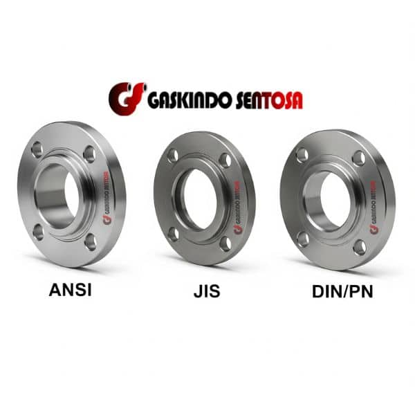 Tiga jenis flange (ANSI, JIS, dan DIN/PN)