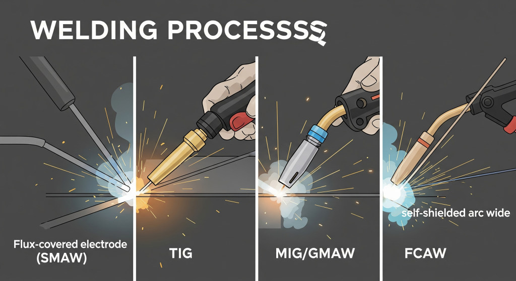proses las elektroda terbungkus fluks (SMAW), torch TIG dengan elektroda tungsten, torch MIGGMAW, dan torch FCAW.